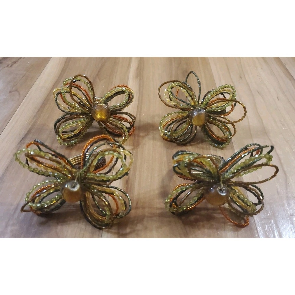 Pier One Beaded Napkin Rings Floral‎ Gold Rust Green Yellow Set Of 4